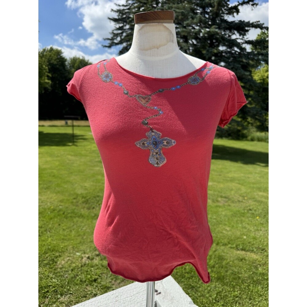 Y2K Lucky Tees Chain Beaded Cross Necklace AOP Red Baby Tee Cotton Small
